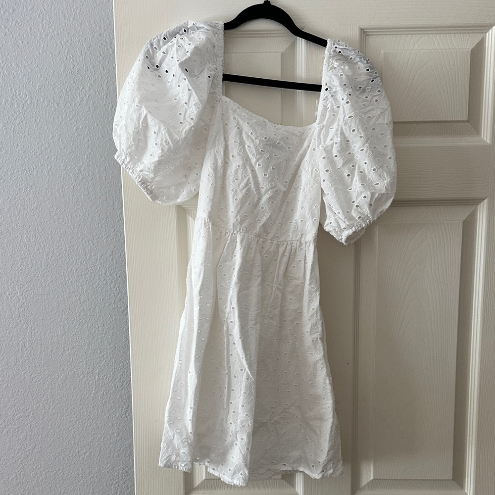 White Puff Sleeve Eyelet Mini Dress